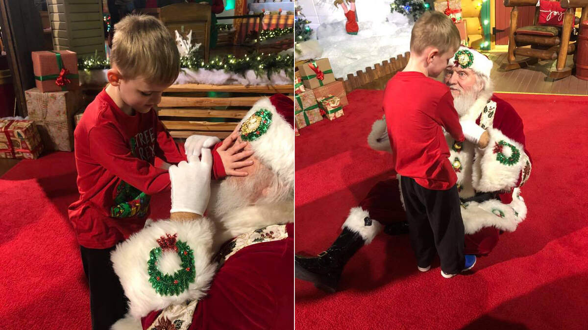 Matthew Foster, 6, of Watauga, “saw” Santa for the first time this year at Cabela’s in Fort Worth