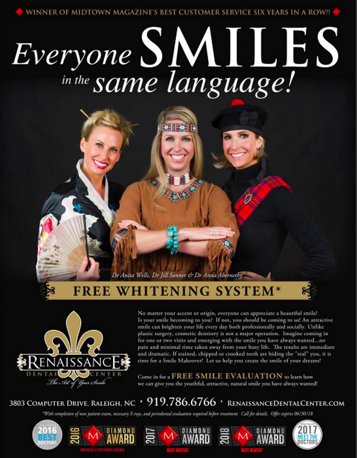 The full-page ad features three caucasian doctors, Dr. Anita Wells, Dr. Jill Sonner and Dr. Anna Abernethy, each wearing a dress of a different culture.
