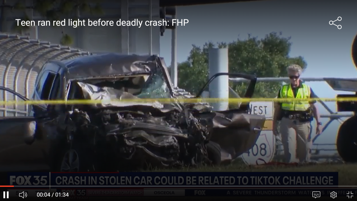 A 15-year-old in a stolen Hyundai SUV ran a red light before a crash that killed the 23-year-old driver of another vehicle, Florida Highway Patrol said.