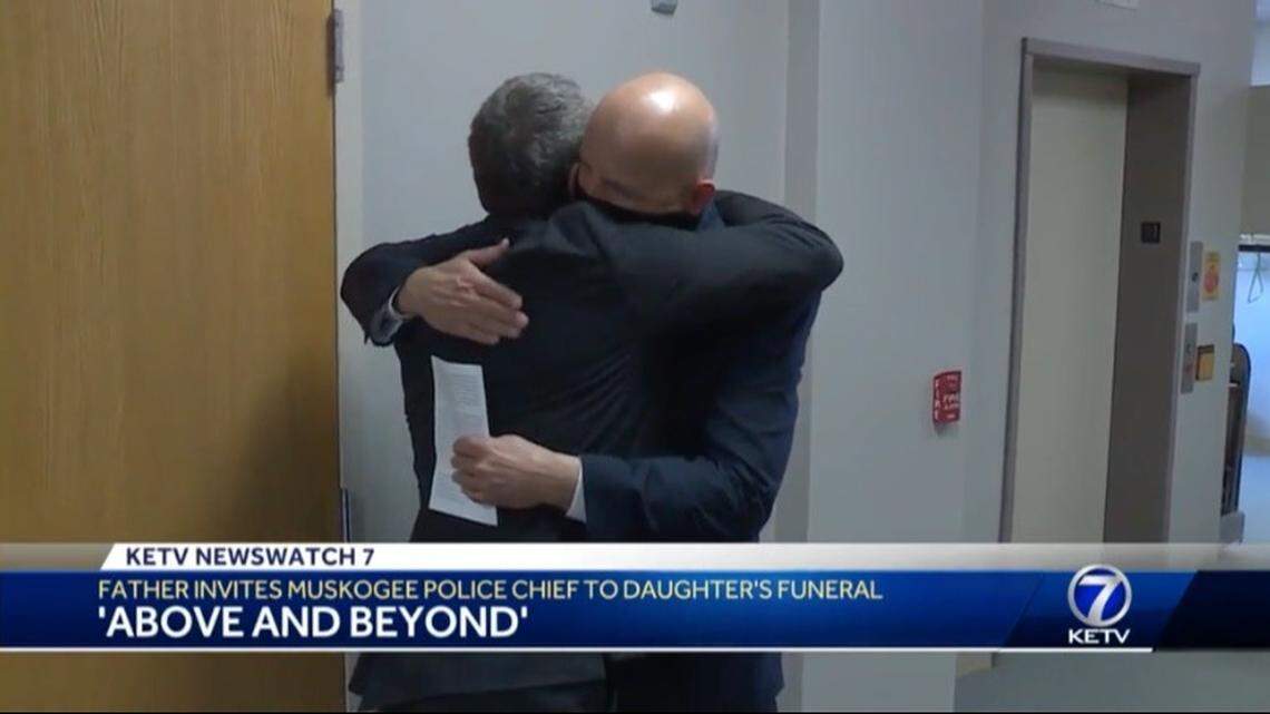 The father of Farrah Rauch, a Blair, Nebraska, teen killed by Muskogee, Oklahoma, police officers invited them to her funeral. The chief spoke at the service. Screengrab from KETV.