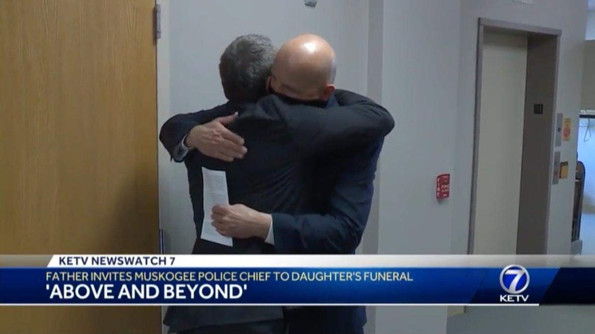 The father of Farrah Rauch, a Blair, Nebraska, teen killed by Muskogee, Oklahoma, police officers invited them to her funeral. The chief spoke at the service. Screengrab from KETV.