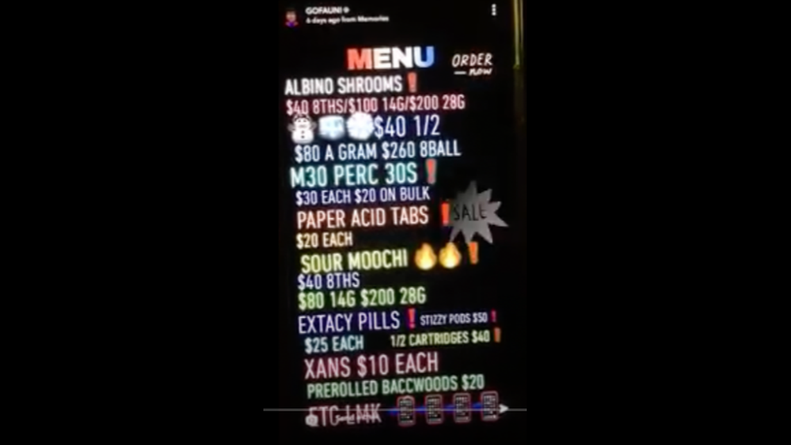 An example of a “drug menu” shared on Snapchat, according to the Social Media Victims Law Center.