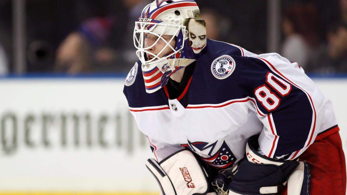 Columbus Blue Jackets goaltender Matiss Kivlenieks (80) is shown during the second period of an NHL game in New York, in this Jan. 19, 2020, photo. The Columbus Blue Jackets and Latvian Hockey Federation said Monday, July 5, 2021, that 24-year-old goaltender Matiss Kivlenieks has died. The team said in a statement Kivlenieks died from an apparent head injury in a fall after medical personnel arrived. It was not immediately clear what caused the fall or where he was at the time of the incident, and multiple messages were left with team and national federation personnel that were not immediately returned.