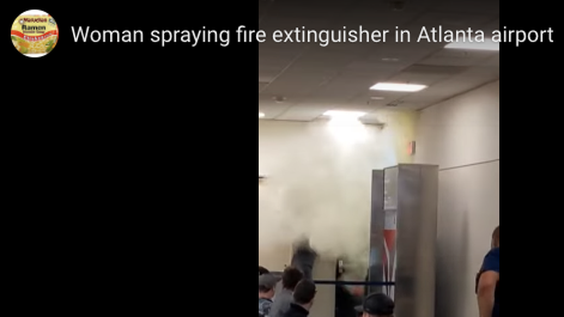 The woman tried to enter a plane gangway before spraying airport staff with a fire extinguisher, police say.