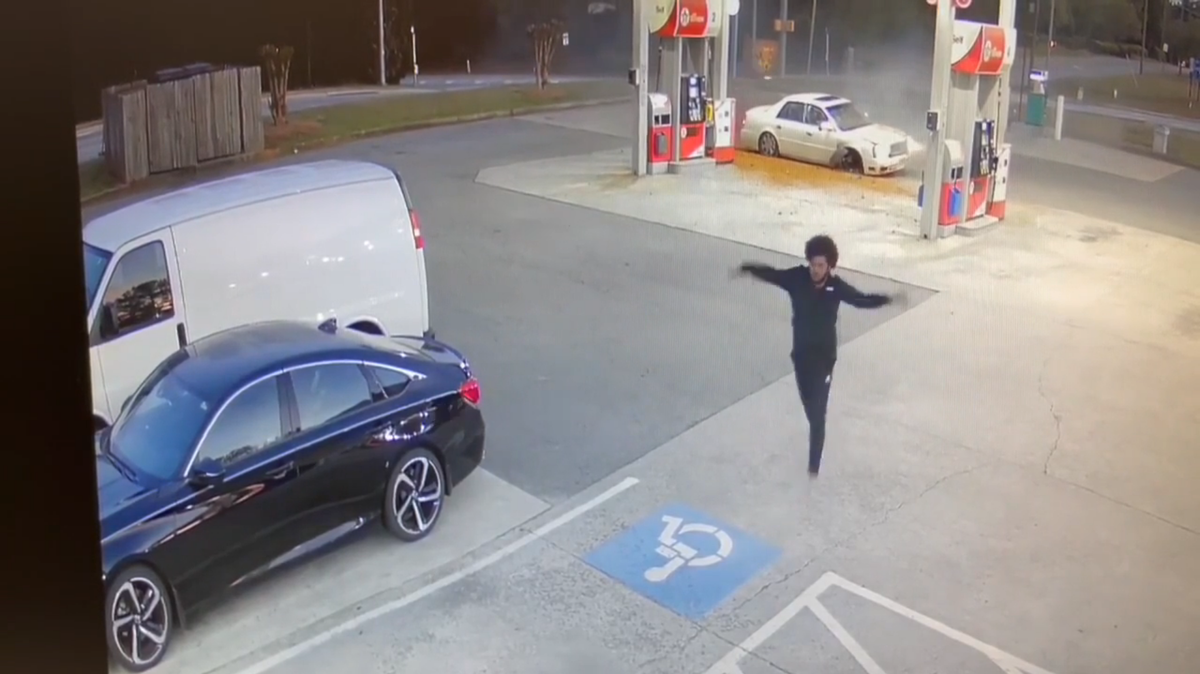 A Georgia man who was high on mushrooms drove into an embankment, launching his car into the air and causing it to nearly crash into a gas pump, police said.