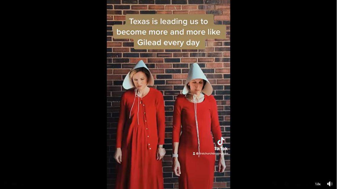 Two pastors at First United Methodist Church in Birmingham, Alabama, dressed as handmaids in a TikTok video opposing an abortion law in Texas.