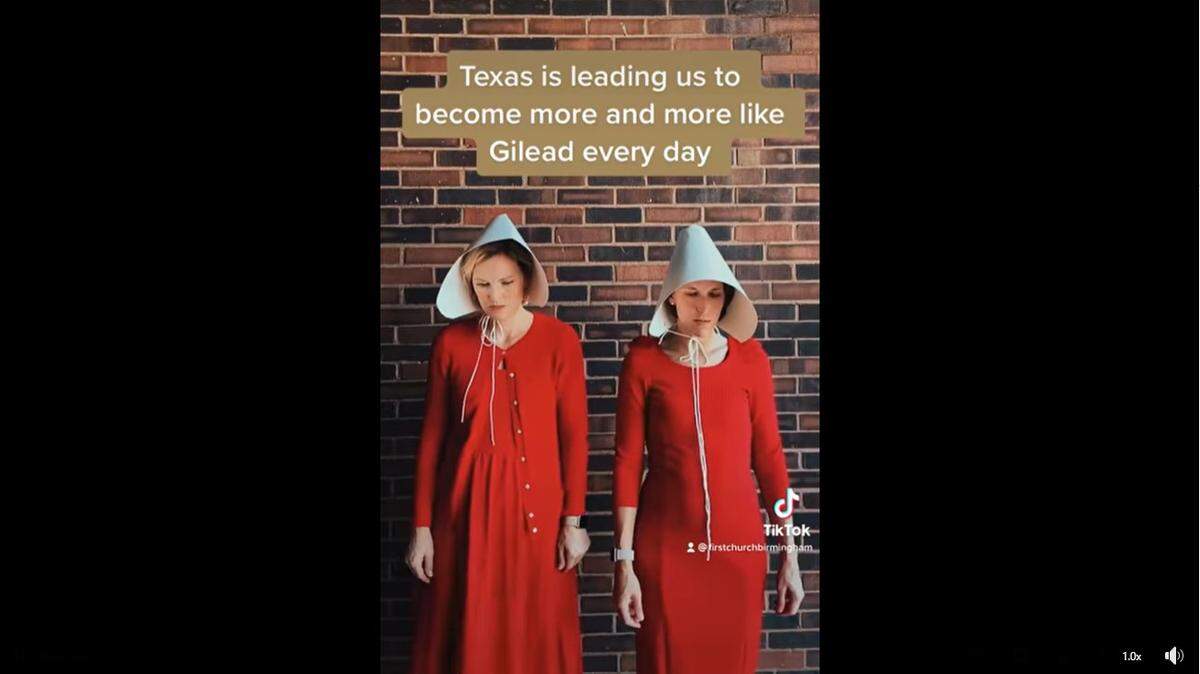 Two pastors at First United Methodist Church in Birmingham, Alabama, dressed as handmaids in a TikTok video opposing an abortion law in Texas.