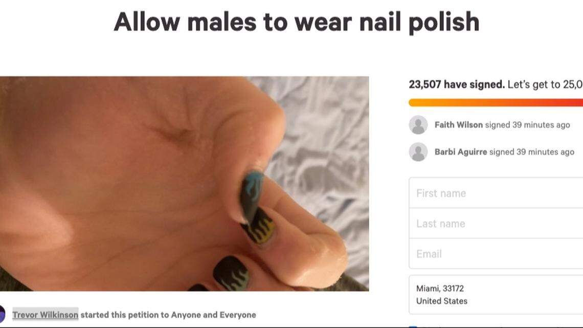 Trevor Wilkinson, a student at Clyde High School in Texas, says he’s suspended for wearing nail polish, a violation of dress code policy. Screengrab from change.org.
