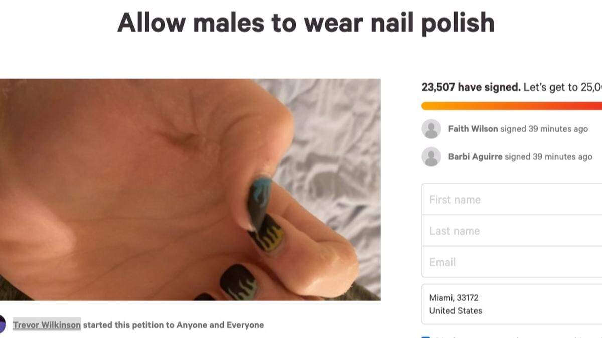 Trevor Wilkinson, a student at Clyde High School in Texas, says he’s suspended for wearing nail polish, a violation of dress code policy. Screengrab from change.org.