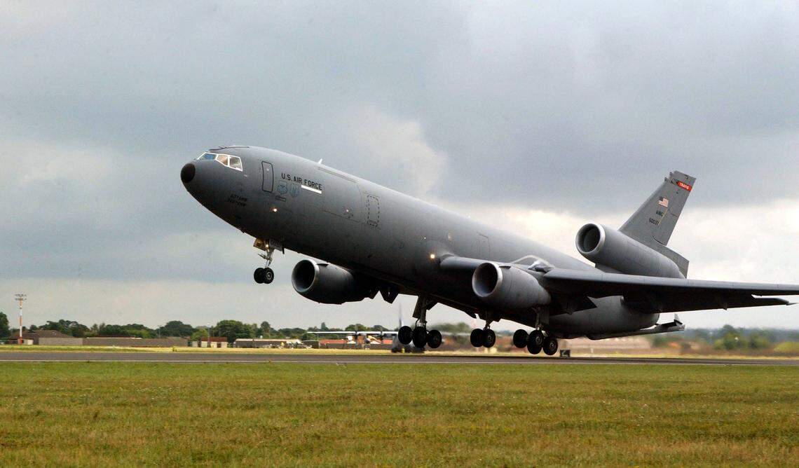 A KC-10 Extender from Travis Air Force Base in California takes off on a mission in England. It’s a tanker and cargo aircraft that refuels other aircraft mid-flight, and it’s one of the military planes that has costly and easily broken hot cups used for coffee and tea, according to the Air Force.