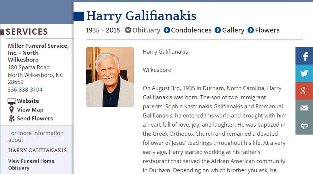 Harry Galifianakis was 82.
