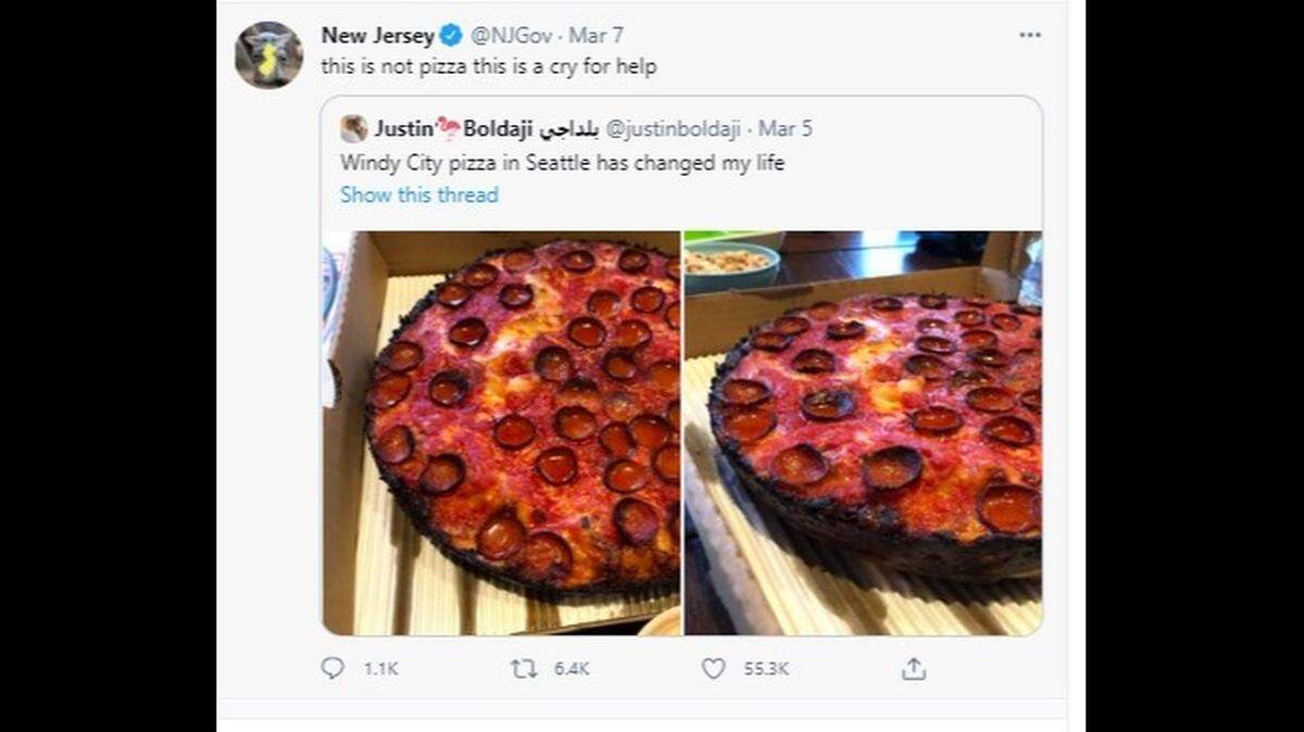 New Jersey’s official Twitter account retweeted a photo of a Seattle restaurant’s pizza. That started a viral feud.