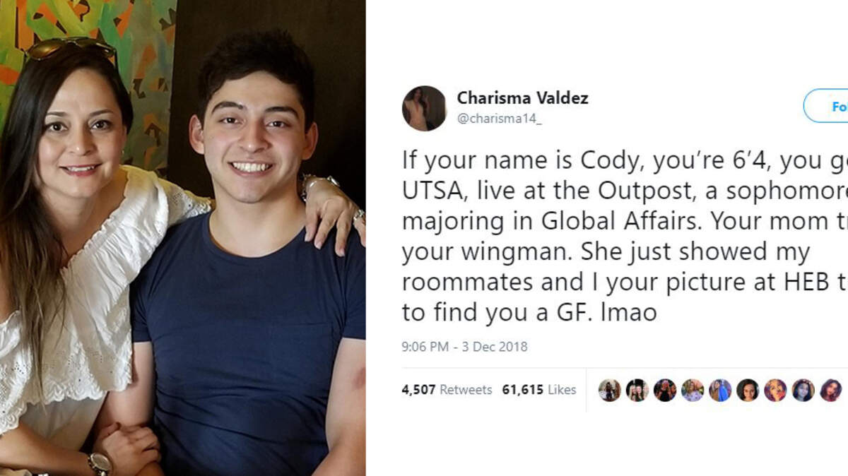 Patricia Gonzalez, left with son Codey, showed a photo of her son to a group of young women at a San Antonio grocery store. A viral moment, and a date, came out of it.
