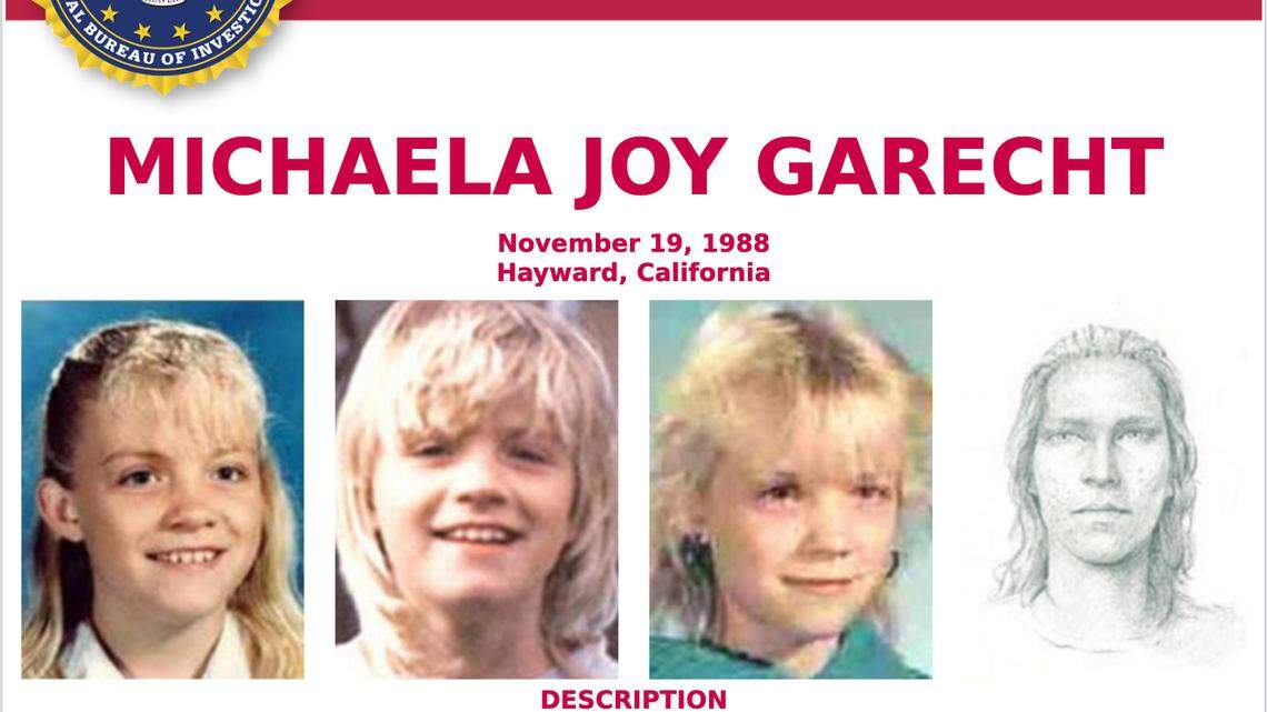This 1988 poster provided by the FBI shows a wanted poster of photos of kidnapped Michaela Joy Garecht in 1988. On Monday, Dec. 21, 2020, Northern California authorities announced that they have filed charges against convicted killer David Misch in the kidnapping and murder of Garecht, a cold case that stunned the Bay Area for decades. Police said they were only recently able to match a partial palm print at the scene to Misch. Garecht’s body has never been found. (FBI via AP)
