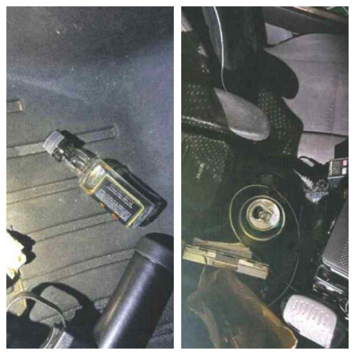 Alcohol bottles and cans, including an empty whiskey “shooter” and a partially-empty beer can, were found inside the cruiser, according to an internal investigation.
