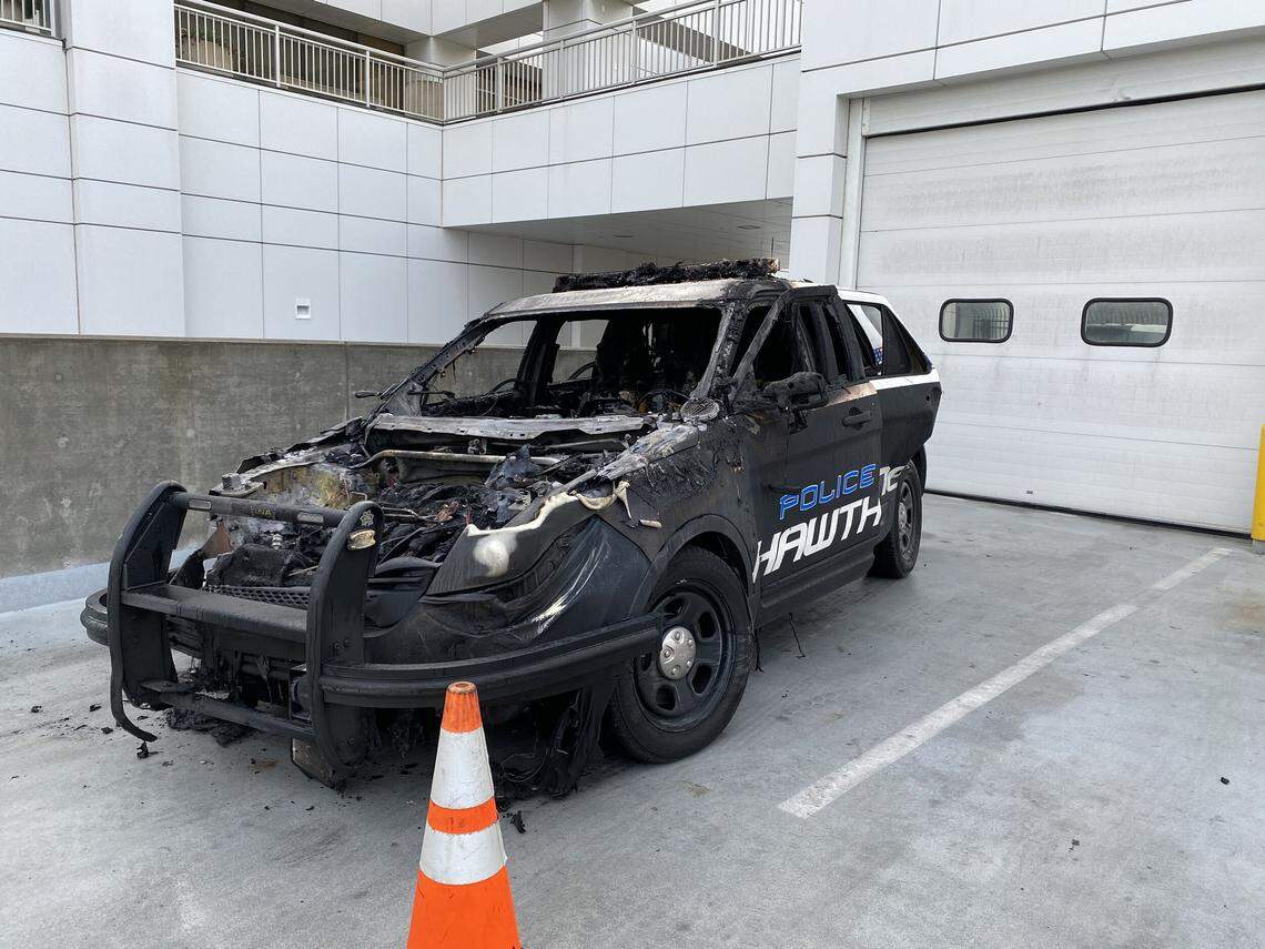 Police in Hawthorne, California, said this Ford SUV patrol vehicle couldn’t be salvaged after it was torched early Thursday.