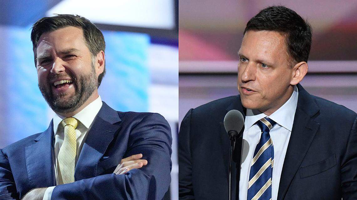 (L-R) Republican vice presidential nominee Sen. J.D. Vance, R-Ohio, and entrepreneur Peter Thiel