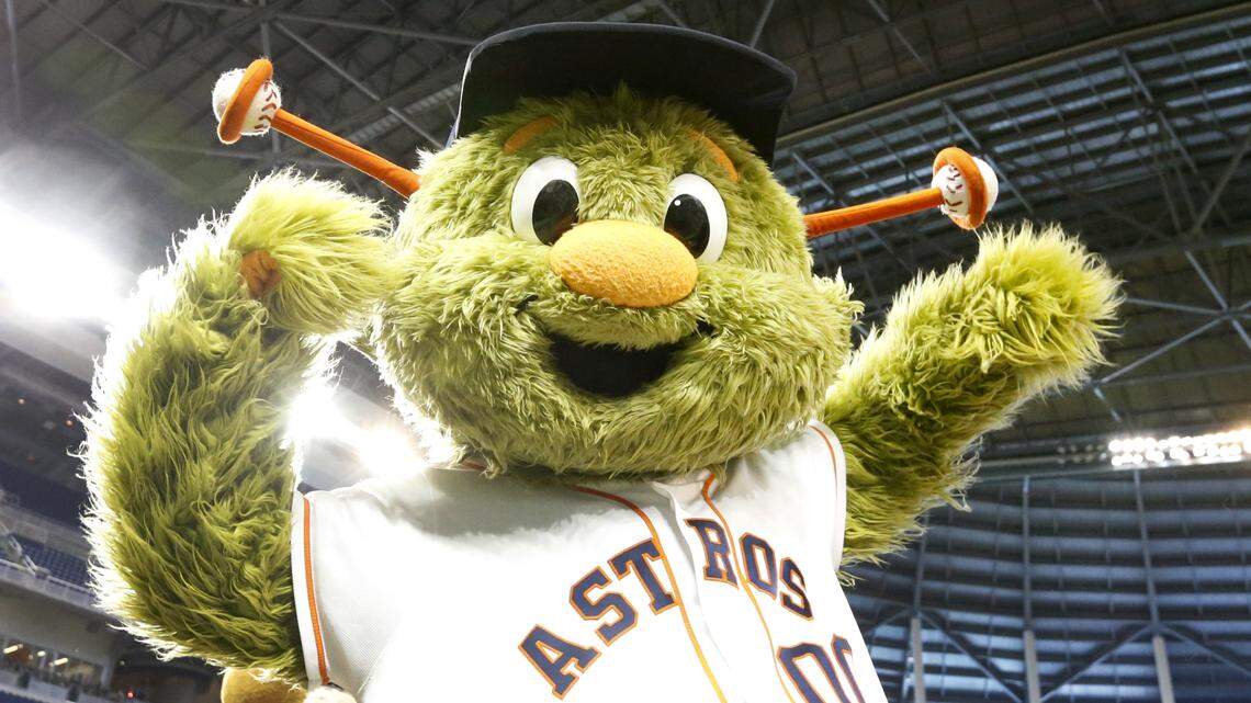 Houston Astros mascot Orbit helps celebrate Billy the Marlin’s birthday before the start of a baseball game between the Miami Marlins and the Colorado Rockies in 2017.