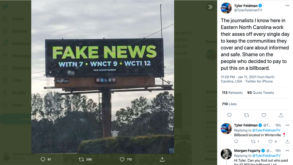 A billboard in eastern North Carolina accused three local TV stations of being “fake news.” 