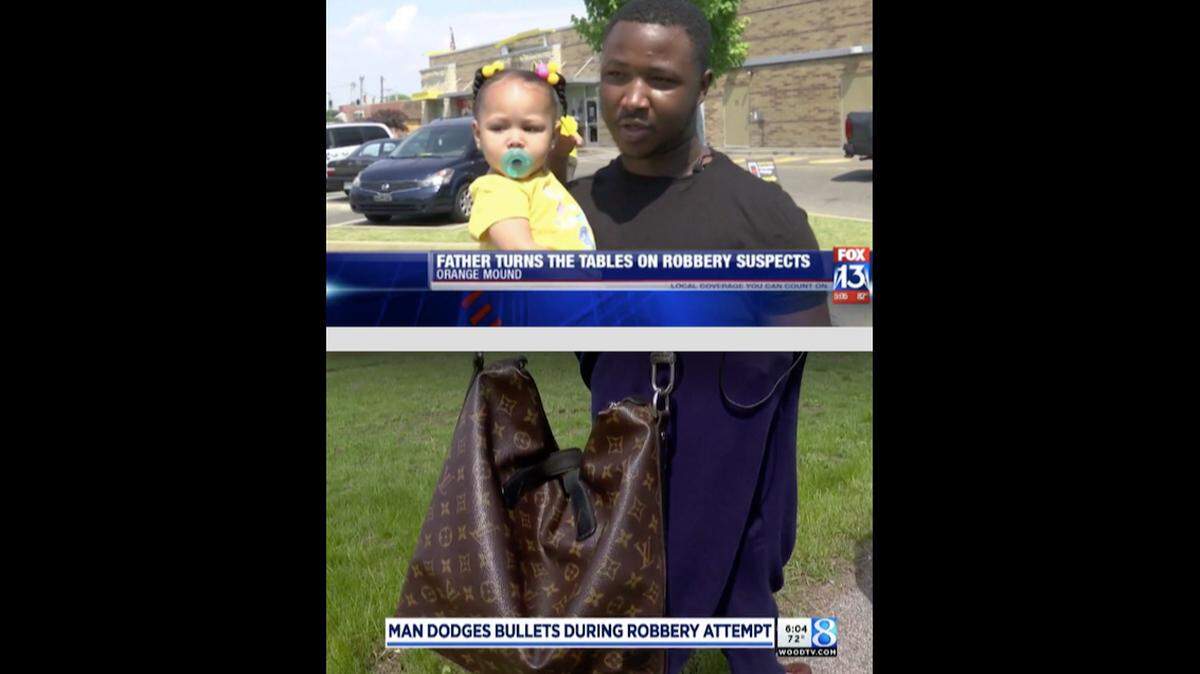 Martavious Conner (above, with daughter) and Jerad Kluting both faced violent would-be robbers this week, authorities said. Kluting's Louis Vuitton (below) was the target in one of the crimes.