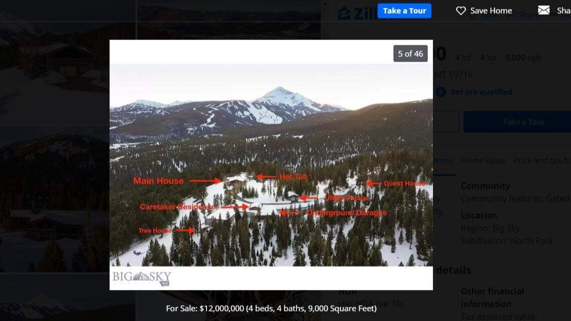 This sprawling estate in Big Sky, Montana, comes with a 9,000-square-foot mansion, a detached guest house, a caretaker’s residence and garages for at least 50 cars.