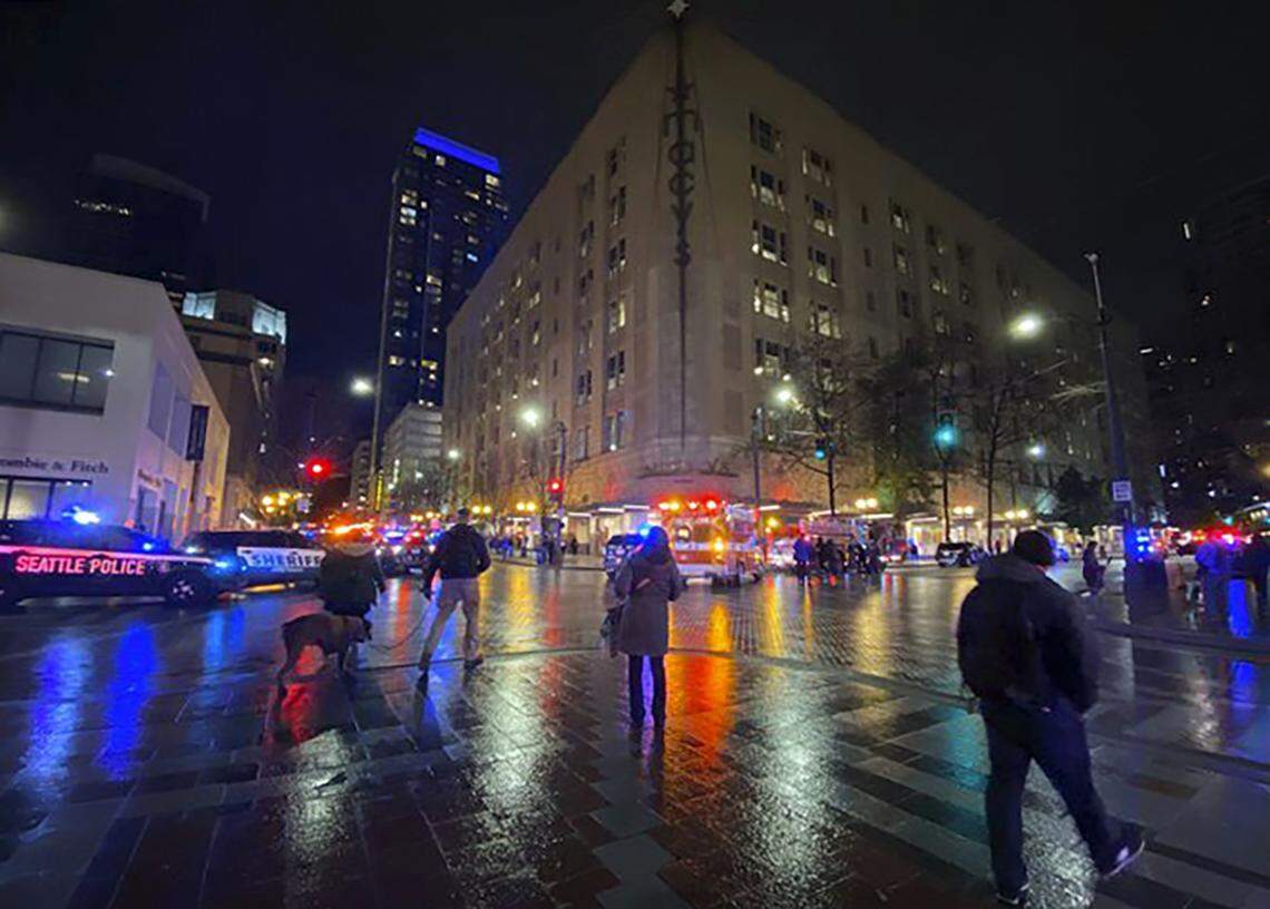 A photo provided by Suzanne Asprea shows the area of a deadly shooting in downtown Seattle on Jan. 22, 2020. A gunman opened fire in downtown Seattle, killing at least one person and wounding several others, authorities said.
