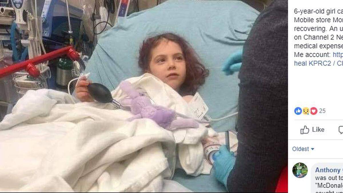 Claire Tidwell, 6, was shot in the leg by the stray bullet of a security guard chasing a thief from a cell phone store in Houston.