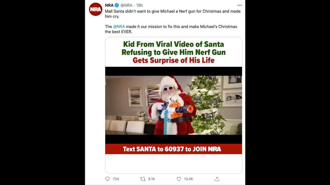 The National Rifle Association delivered Nerf guns to a boy denied the gift by a mall Santa in Norridge, Illinois, in an advertisement for the organization. Screengrab from NRA on Twitter.