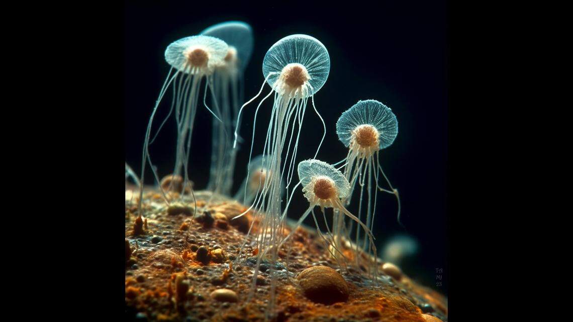 Artist’s imagination of an assemblage of primordial eukaryotic organisms of the ‘Protosterol Biota’ inhabiting a bacterial mat on the ocean floor.