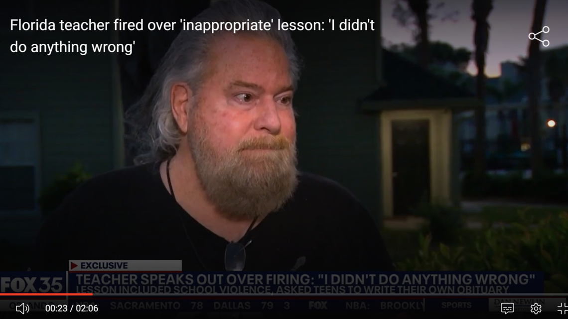 Jeffrey Keene, who taught psychology at a Florida high school, says he was fired after he gave students an assignment to write their own obituaries on the day of an active shooter drill.