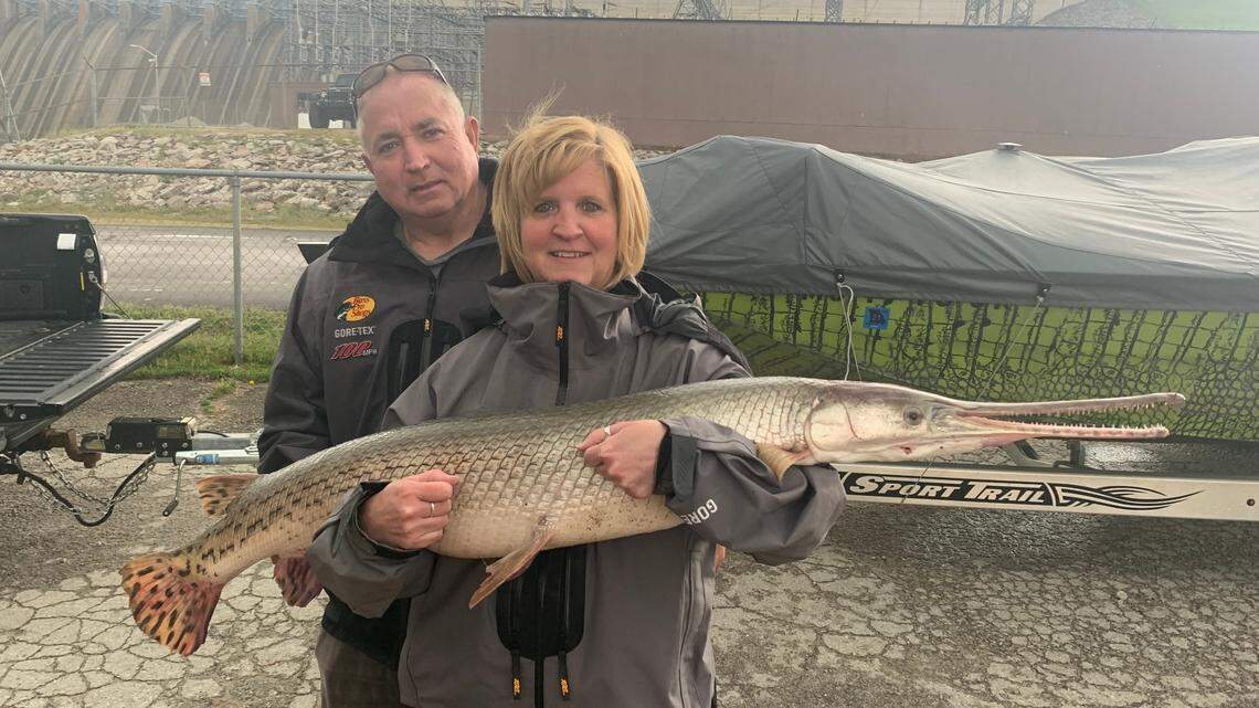 Anthony Schnur Jr. of Pevely, Missouri, broke the state record for longnose gar while fishing on Table Rock Lake with his girlfriend, Cindy Dennison, who’s a fishing guide, officials say. Photo from Missouri Department of Conservation.