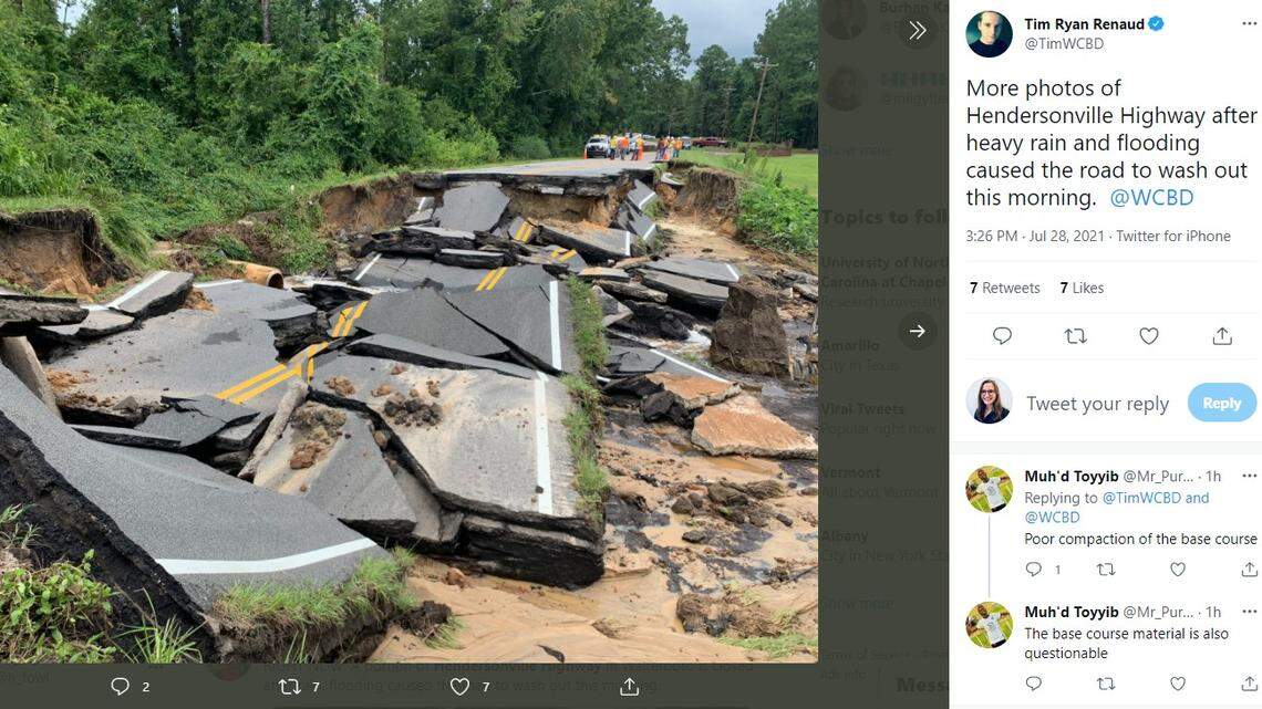 The 2300 block of Hendersonville Highway in Colleton County, South Carolina, was washed out by heavy rain on Wednesday, July 28, 2021.