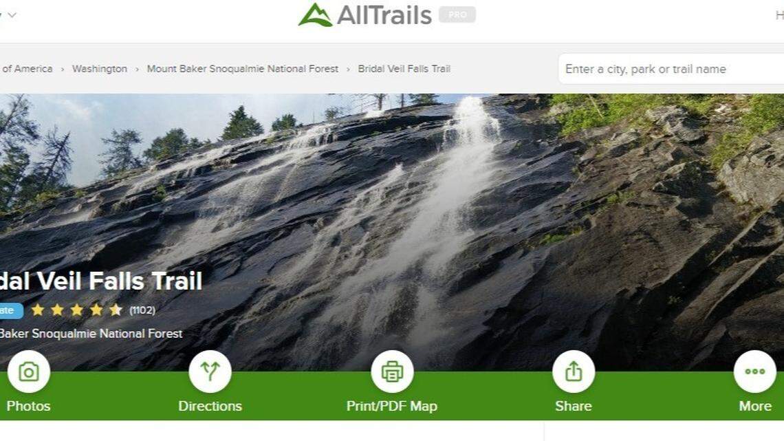 A hiker died after falling from a peak at Bridal Veil Falls in Snohomish County, Washington. Medics performed CPR for an hour, but were unable to save him. Screengrab from alltrails.com.