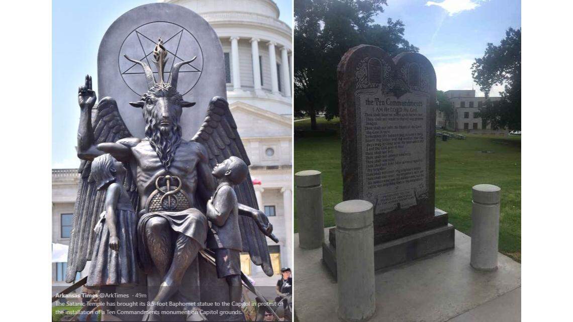 The Satanic Temple brought a Baphomet statue to the Arkansas Capitol Thursday, to protest a law that allows a monument depicting the Ten Commandments in front of the state building.