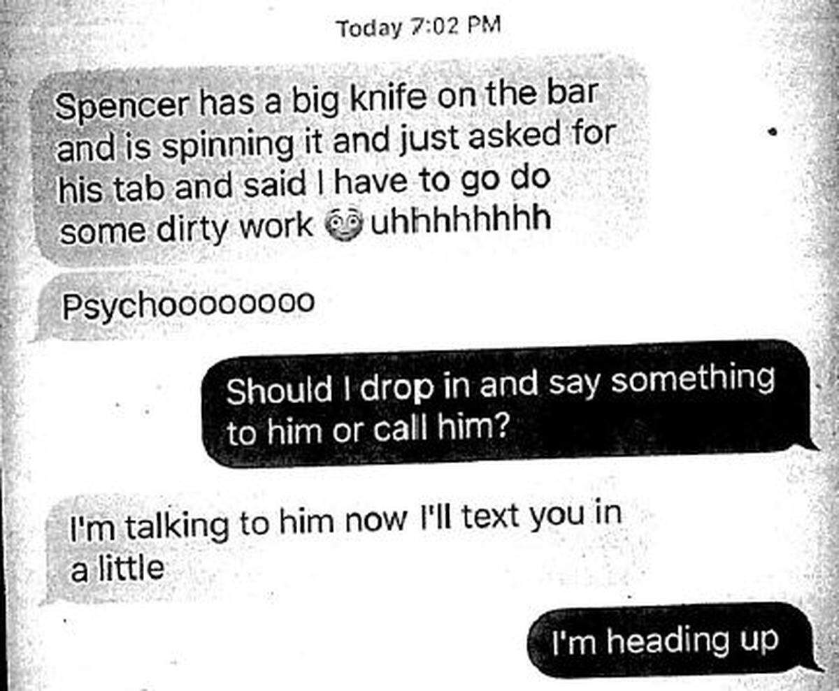 A text exchange between Local Public House bartenders Leslie Glass and Timothy Banks