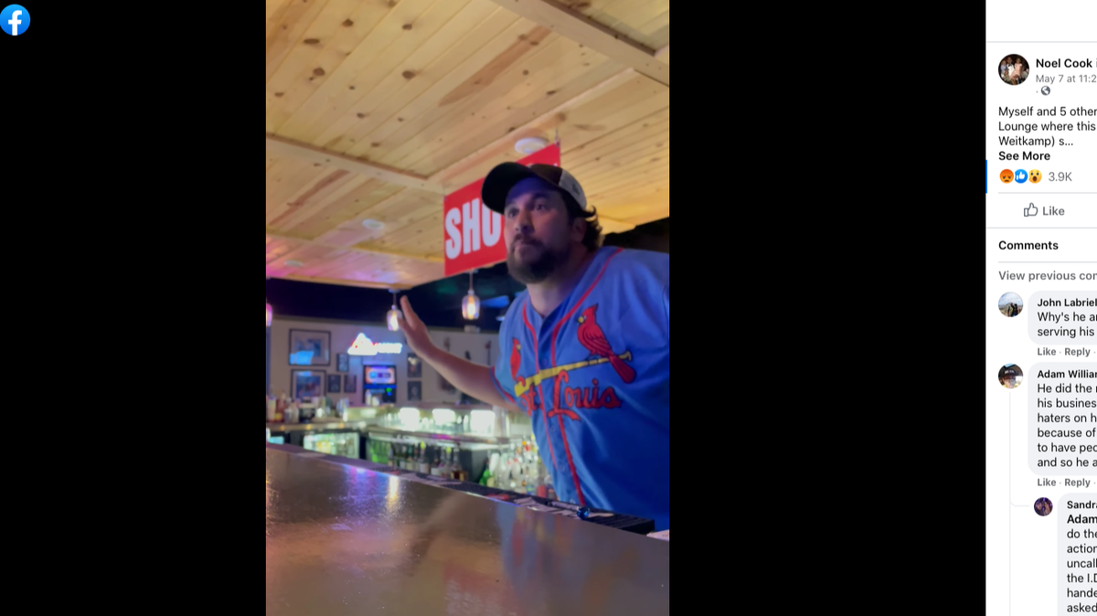 In a viral video, Josh Weitkamp at Loto Lounge, a bar near Lake of the Ozarks in Missouri, denies service to military members, accusing them of using a fake ID. Screengrab from Noel Cook on Facebook.
