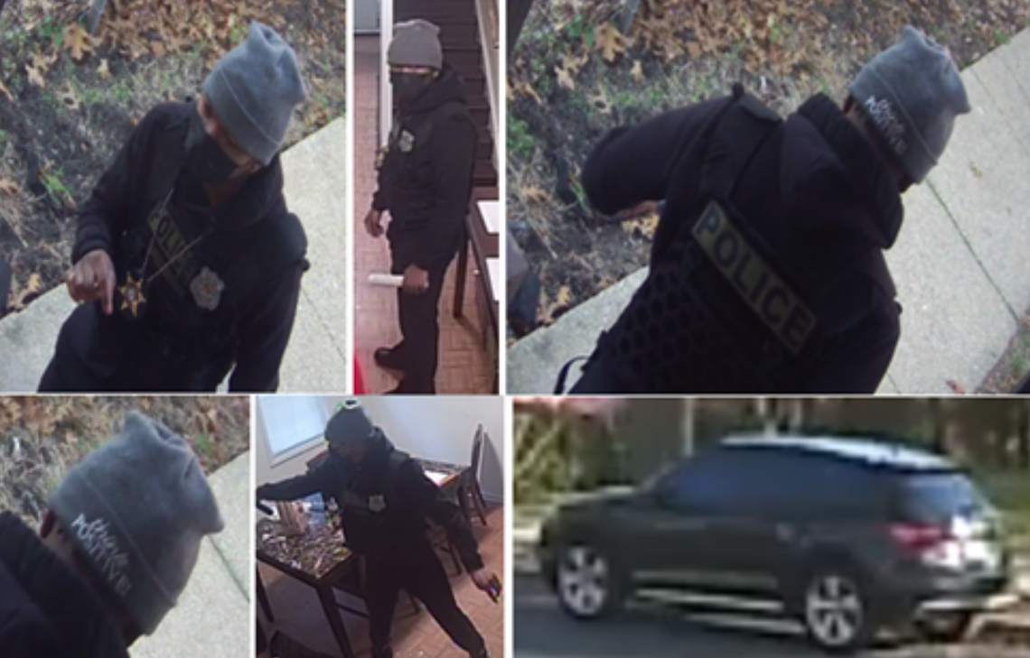 The man, dressed in all black, left the scene in a four-door, dark-colored vehicle.