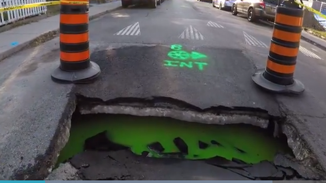 Green dye was added to the water in a sinkhole in Toronto to see if it’s connected to an underlying sewer, reports say.
