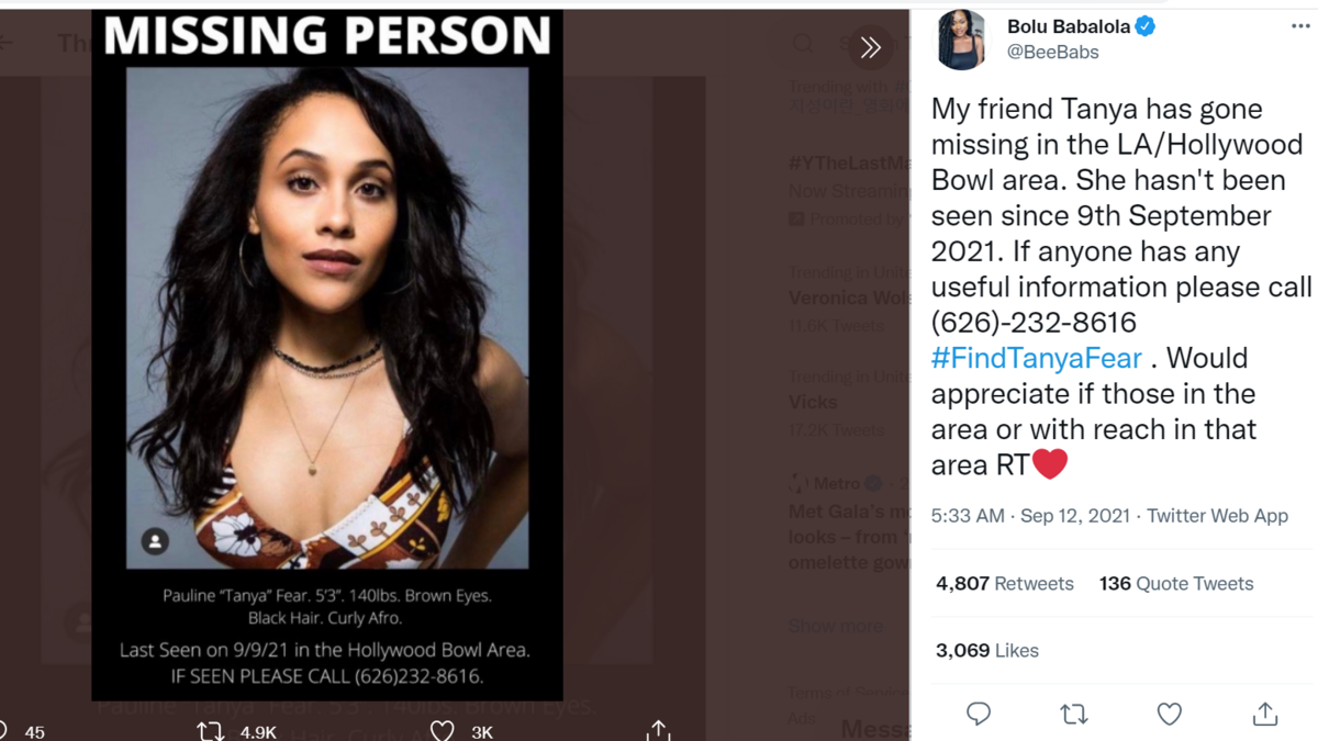 British actress Tanya Fear was reported missing in Los Angeles on Sept. 9, 2021. Friends and family of the actress have posted on social media with the hashtag #FindTanyaFear seeking information on Fear’s whereabouts.