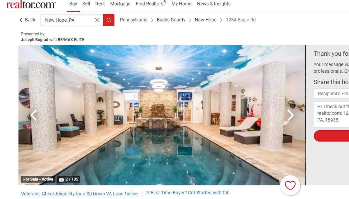 A 19,000 square-foot mansion in New Hope, Pennsylvania on the market for $8.4 million includes and indoor pool and hot tub.