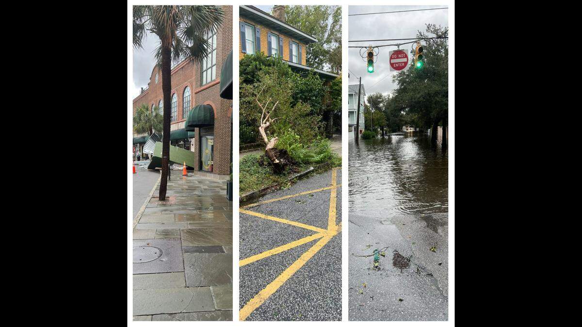 A Gucci store in downtown Charleston collapsed (left), trees were ripped out of the ground (middle) and streets flooded (right, as Hurricane Ian pummeled South Carolina. Maddy Goff