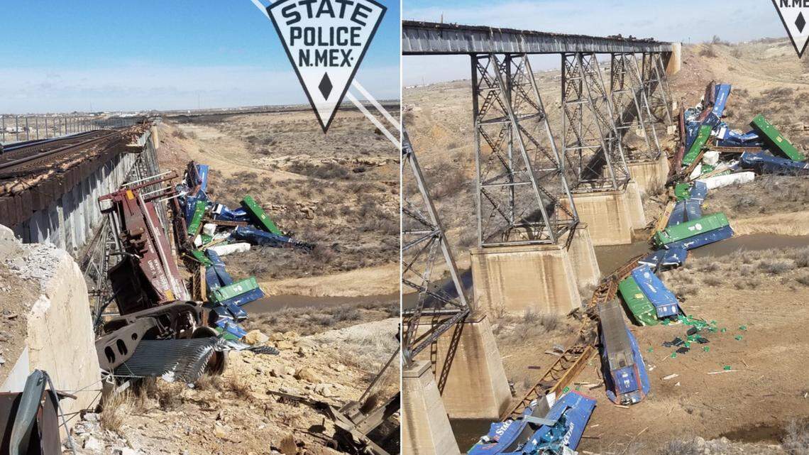 New Mexico State Police said a train derailed near Logan in part because of intense winds, just as the train crossed a trestle over a deep ravine and dry riverbed. Photos taken by police show more than 20 Union Pacific train cars in a pile of wreckage.