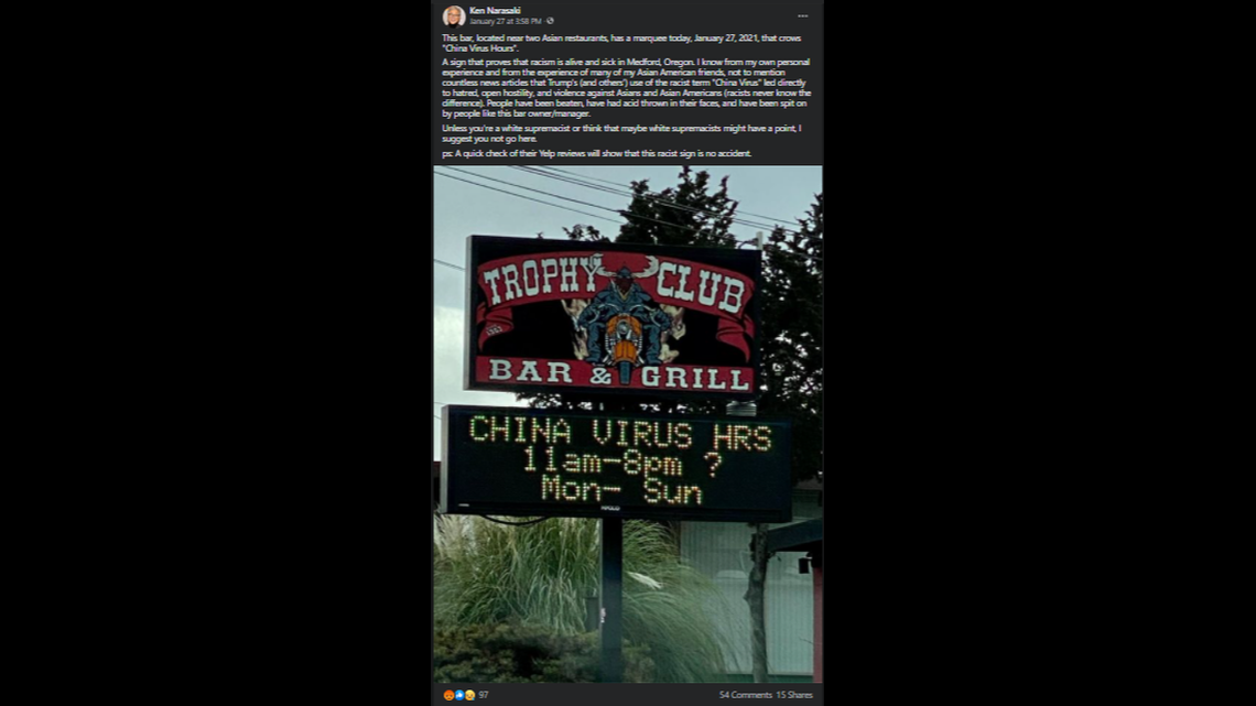 Trophy Club in Medford, Oregon, posted a sign that said “China Virus hrs” outside its restaurant, photo shows. Yelp has disabled reviews while it investigates.