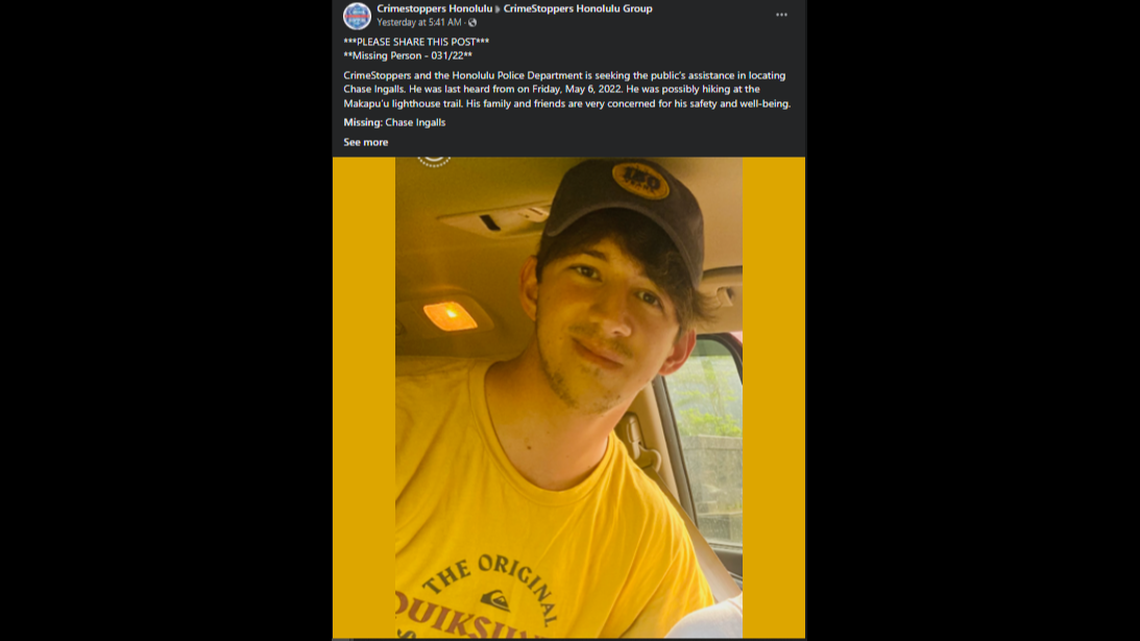 Chase Ingalls was reported missing after vanishing from a Hawaii lighthouse trail, officials said.