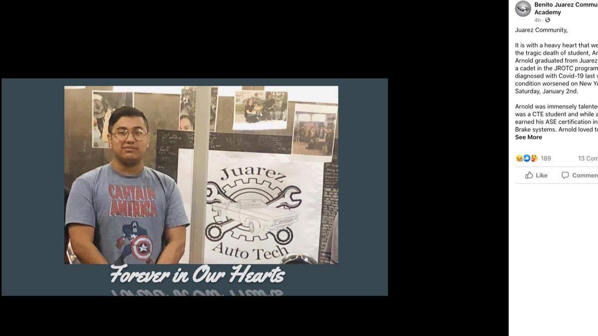 Arnold Herrera, a 19-year-old from Chicago, Illinois, died of COVID-19 about a week after the teen was diagnosed, his family says. Screengrab from Benito Juarez Community Academy on Facebook.