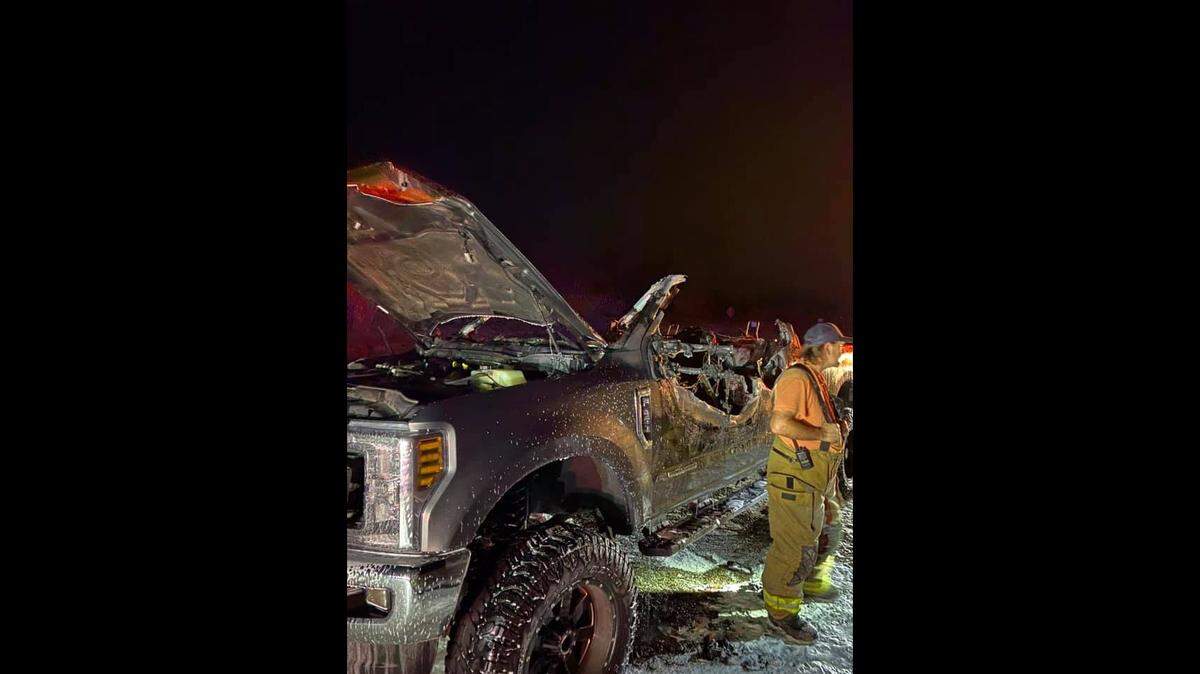 The truck driving on Highway 31 was struck by lightning near Kerens, Texas, officials say. Photo from Kerens Volunteer Fire Department