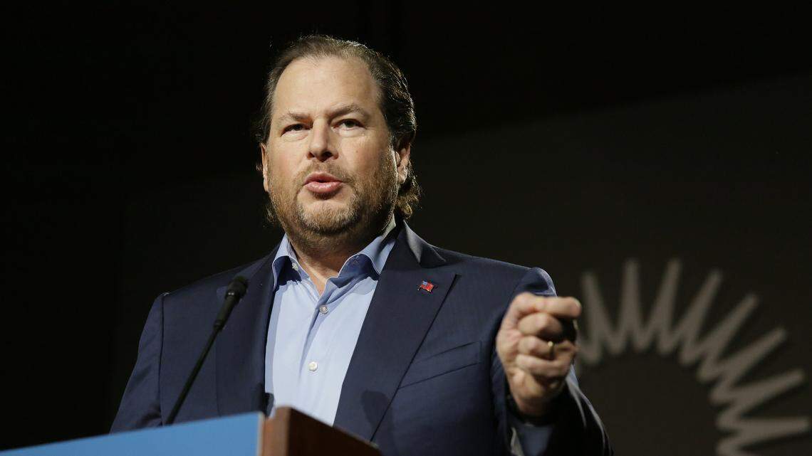 Salesforce CEO Marc Benioff speaks at a luncheon about homelessness in San Francisco. San Francisco voters approved a tax on the city’s wealthiest companies in 2018 in an attempt to alleviate homelessness in a place where people at risk of being priced out encounter people sleeping on the streets every day.