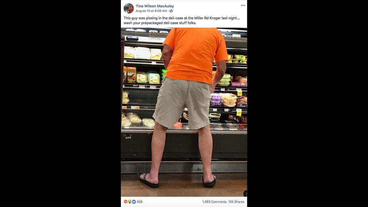 A Michigan man said a “prostate issue” is the reason he peed in a deli meat display case at a Swartz Creek Kroger grocery store Sunday, police said. A witness got a photo of him urinating.