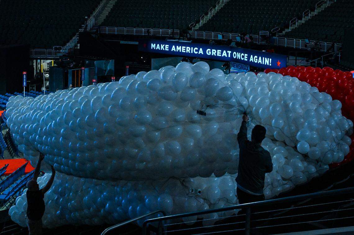 Set-up and preparation occur for the Republican National Convention inside the Fiserv Forum, in Milwaukee, on July 11, 2024. Officials said plans for the Republican National Convention, set to start on Monday in Milwaukee, would be unchanged. (Kenny Holston/The New York Times)