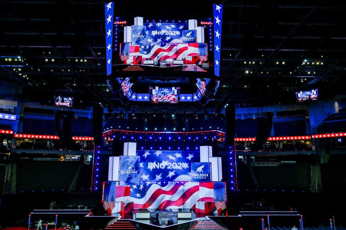 The stage at the Fiserv Forum in Milwaukee, the site of the Republican National Convention, on July 11, 2024. (Kenny Holston/The New York Times)